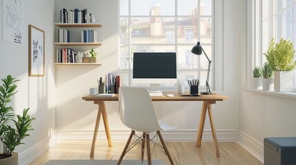 Fototapeta premium minimalist home office free from clutter, focusing on cleanliness and productivity in a well-organized space