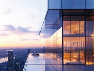modern architecture with glass and steel facades, set against a backdrop of an urban skyline at sunset