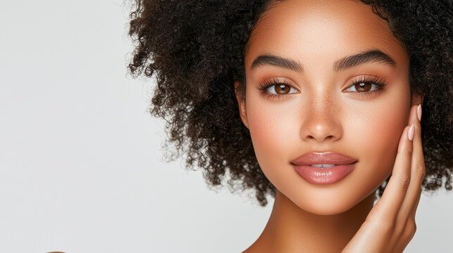 A woman with a beautiful face and a nice smile. She is wearing makeup and has a nice complexion