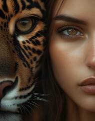Close-up of a woman and a jaguar side by side, highlighting intense eyes and natural connection in portrait

