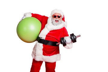 Full length body size view of his he cheerful glad cheery funky fat overweight plump gray-haired bearded man making exercise crossfit athlete isolated over bright vivid shine red background