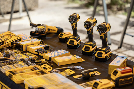 DeWalt drill. Close up photo with a DeWalt hammer drill. Tools used for house maintenance and construction industry. DeWalt company.