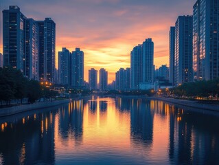 Fototapeta premium modern high-rise buildings reflected in a calm river at sunset, creating a serene urban landscape