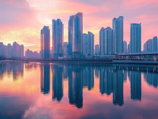 Fototapeta premium modern high-rise buildings reflected in a calm river at sunset, creating a serene urban landscape