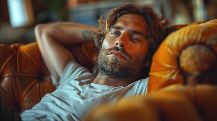 A tired cool hipster guy with beard lay down on the leather brown sofa or couch. The man with tattoo sleeps after a hard day at work, overworked. Handsome person lies on the bed and rests.