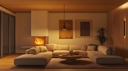 Fototapeta premium Cozy and inviting modern living room with a large comfortable sectional sofa and minimalist stylish decor The warm hues and natural materials infuse the space with a sense of warmth and coziness