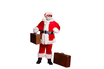 Full size photo of concentrated christmas father looking in eyewear eyeglasses holding packages planning newyear midnight trip  isolated over red background