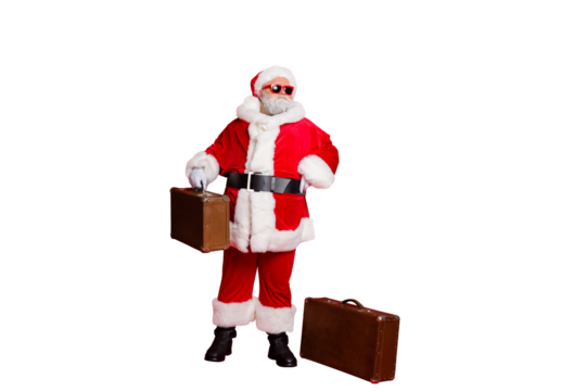 Full size photo of concentrated christmas father looking in eyewear eyeglasses holding packages planning newyear midnight trip  isolated over red background