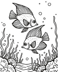Fototapeta premium Two angelfish swimming gracefully around a coral reef. The reef should include a variety of simple, flowing coral formations and a few bubbles rising from the water