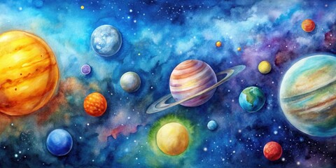 Vivid watercolor solar system perfect for space-themed projects