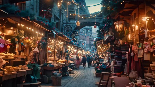 A surreal interpretation of a Christmas market street, filled with festive lights and decorations, A surreal interpretation of a Christmas market filled with stalls selling unique crafts and treats