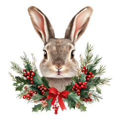 Obraz premium A charming rabbit adorned with festive greenery and red berries, perfect for holiday-themed designs.