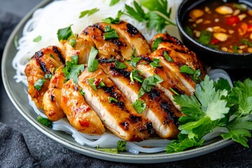 A fresh plate of Vietnamese grilled lemongrass chicken with rice noodles, fresh herbs, and nuoc cham dipping sauce