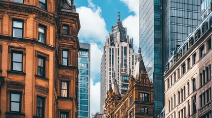 Fototapeta premium old, ornate buildings standing next to modern high-rises, showing the contrast of architectural styles in a city