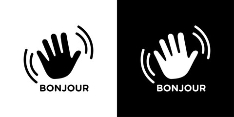 Bonjour text with hand wave icon Isolated flat vector in outline © Krupal