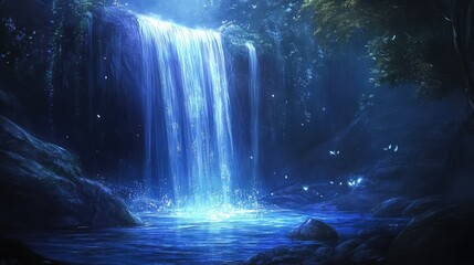 A magical waterfall on a distant planet, where the water glows with soft, blue light as it cascades down into a pool of shimmering liquid.
