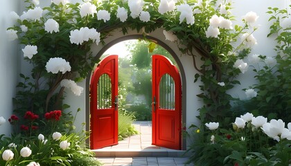 Charming red garden gate adorned with white flowers and lush green plants, framed by elegant arches...