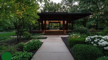 A small, wooden pavilion is surrounded by a garden of flowers and shrubs. The pavilion is lit up at night, creating a peaceful and serene atmosphere