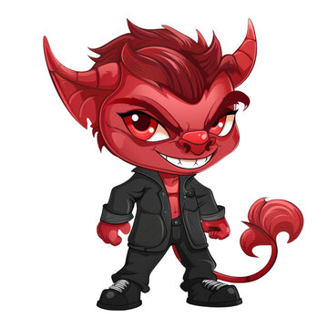 A red-skinned, cartoon-style imp wearing a black suit and shoes stands with a mischievous grin.