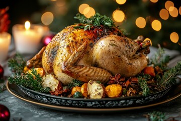 Roasted Turkey with Herbs and Spices on a Festive Table