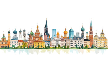 Fototapeta premium Colorful city skyline illustration, white background transparent background