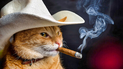 Funny ginger cat in cowboy hat smoking a cigar with clouds of smoke.