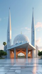 Naklejka premium A stunning modern mosque featuring a large dome and minaret, illuminated by the warm hues of sunset, reflecting Islamic architectural beauty.