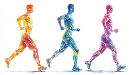 Human body in motion showing dimensions, flat design, side view, fitness theme, watercolor, colored pastel