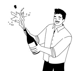 outline, young cheerful man with a mustache opening a bottle of champagne. Vector illustration