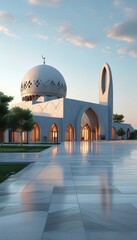 Naklejka premium A stunning modern mosque featuring a large dome and minaret, illuminated by the warm hues of sunset, reflecting Islamic architectural beauty.
