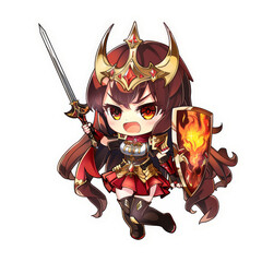 Fototapeta premium A cute chibi style illustration of a female warrior character with long red hair, a crown, armor, a sword, and a shield.