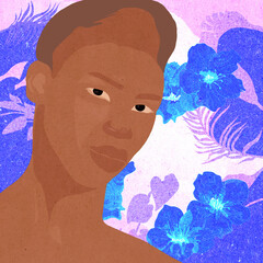 Ilustracja portret młody człowiek na kwiecistym tle. Hand made drawing. Retro stule poster. © Monika