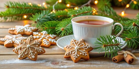 Christmas gingerbread cookies with icing, cup of tea, and fir tree branches on a festive background