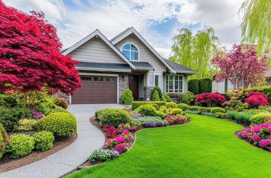 A clean and well-maintained front yard of an American home, featuring neatly trimmed hedges, colorful flower beds, lush green grass, and a beautiful house with large windows