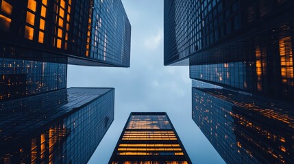 skyscrapers rising high into the night sky, with their windows lit, showing a vibrant city with no people around