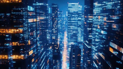 Fototapeta premium skyscrapers rising high into the night sky, with their windows lit, showing a vibrant city with no people around
