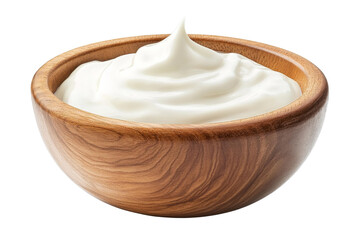 sour cream in wooden bowl, mayonnaise, yogurt, isolated on white background, clipping path, full depth of field