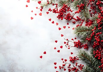 Valentine's Day Red Berries & Pine Branch Background