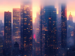 Obraz premium skyscrapers standing tall in a cityscape at dawn, with the first light of the day reflecting off their glass facades