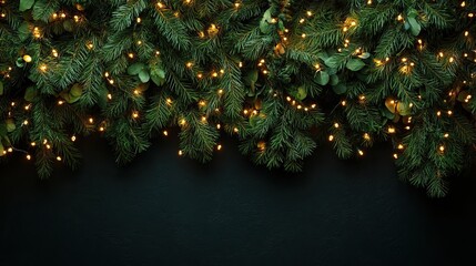 A close-up view of evergreen branches adorned with glowing lights, set against a dark backdrop, perfect for holiday-themed designs.