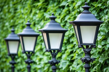 Vintage street lamps lush ivy background
