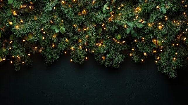 A close-up view of evergreen branches adorned with glowing lights, set against a dark backdrop, perfect for holiday-themed designs.