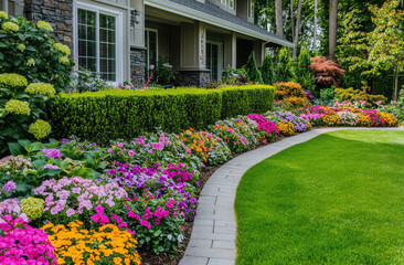 Fototapeta premium A clean and well-maintained front yard of an American home, featuring lush green grass, neatly trimmed bushes in various colors, and vibrant flower beds.