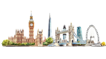 London skyline with iconic landmarks. transparent background