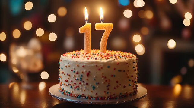 A delicious birthday cake decorated with colorful sprinkles and candles, perfect for celebrating 17th birthday.