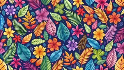 Abstract seamless pattern with colorful leaves and flowers