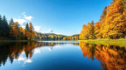 Fototapeta premium A beautiful lake with a blue sky and trees in the background. The water is calm and still, reflecting the trees and sky. The scene is peaceful and serene, with the colors of the leaves