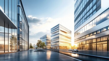 street view of modern office buildings, standing in a quiet city street, with clean lines and sleek facades