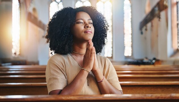 Prayer, christian and thinking with black woman in church for worship, holy spirit