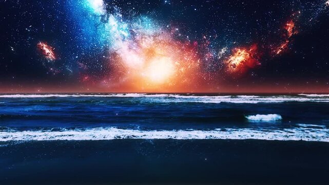 Fantasy Sea Shore Seascape in a Mistycal Night - Loop Ocean Background Animation